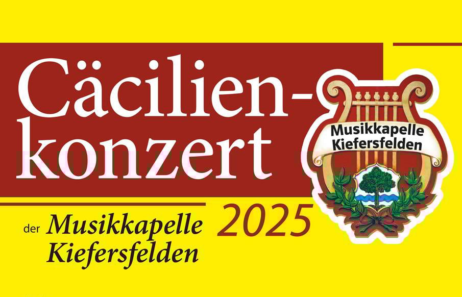 Grafik in gelb und rot mit weißer Aufschrift und Wappen der Musikkapelle Kiefersfelden