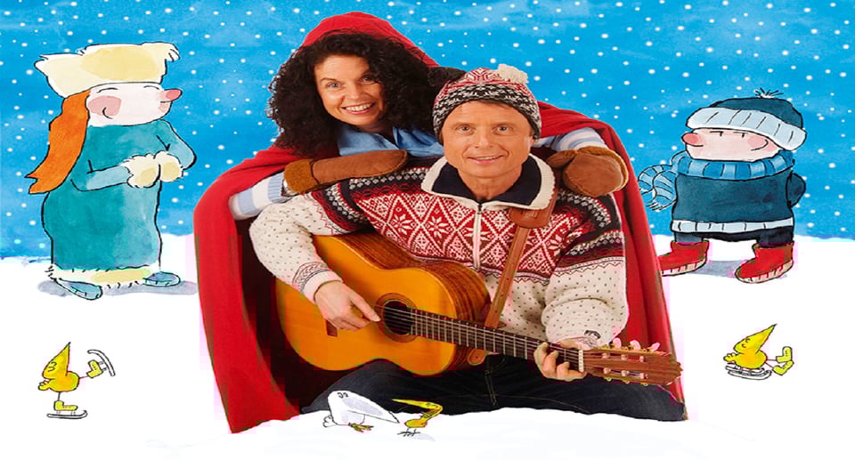 Ein Mann und eine Frau in Winterkleidung auf Grafik mit Winterlandschaft und Figuren