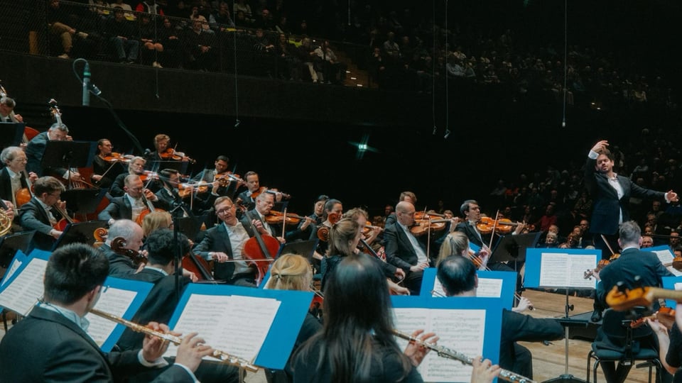 Orchester bei einem Konzert mit Dirigent auf der Bühne, vor großem Publikum in einem Konzertsaal.