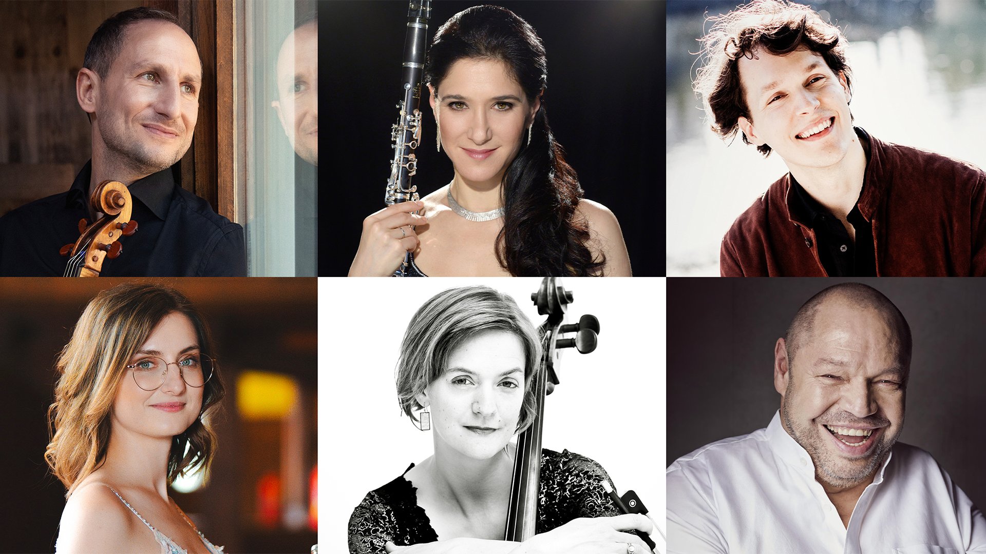 Collage aus sechs Studio‑ und Porträtaufnahmen von Musikerinnen und Musikern mit verschiedenen Instrumenten, angeordnet in einem Raster auf hellem und dunklem Hintergrund.