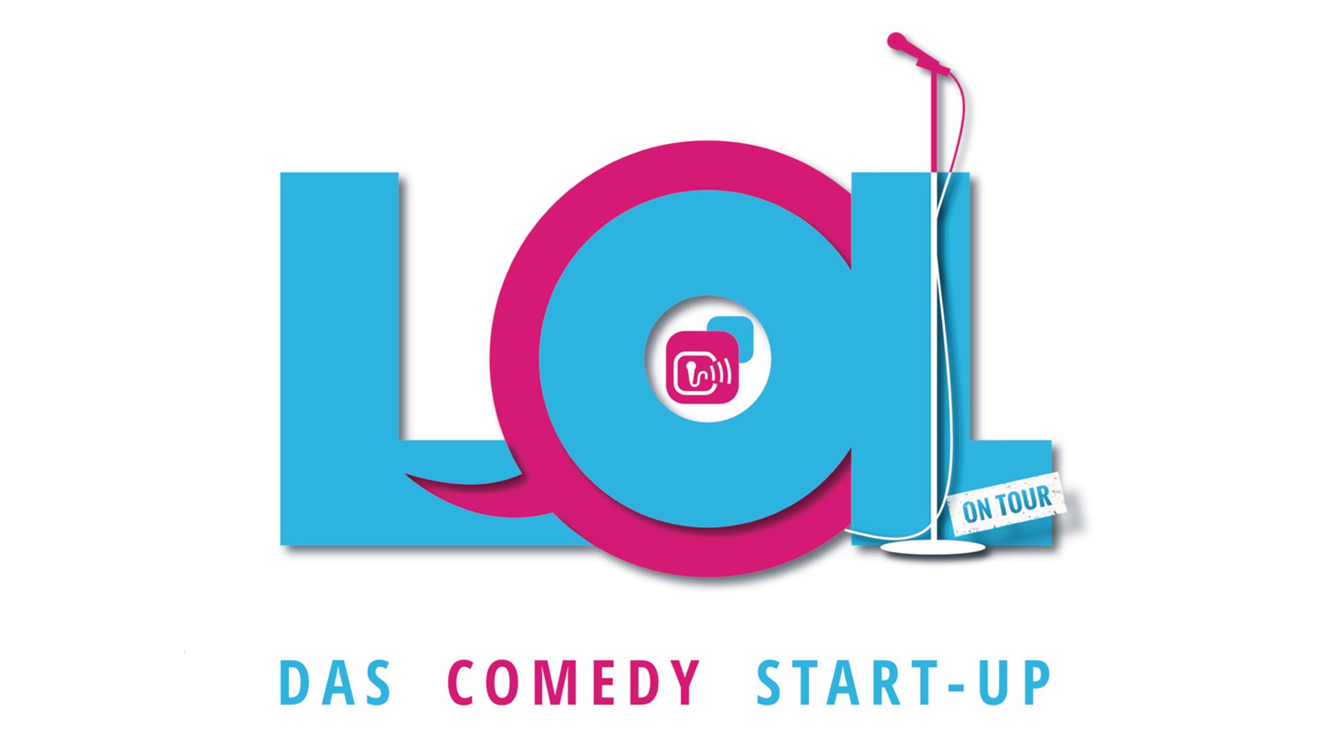 Logo des Comedy Start Up in blau und pink auf weißem Hintergrund