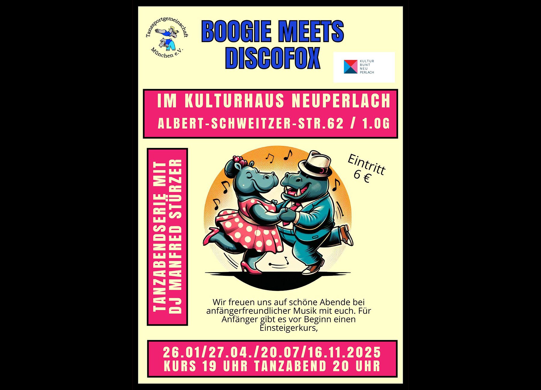 Veranstaltungsplakat von Boogie meets Discofox mit einer Illustration tanzender Nilpferde und typografischen Elementen auf gelbem Hintergrund