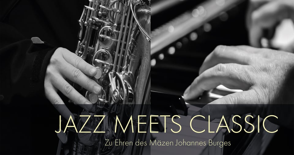 schwarz-weiss Bild von Händen, die auf Instrumenten spielen, mit Aufschrift