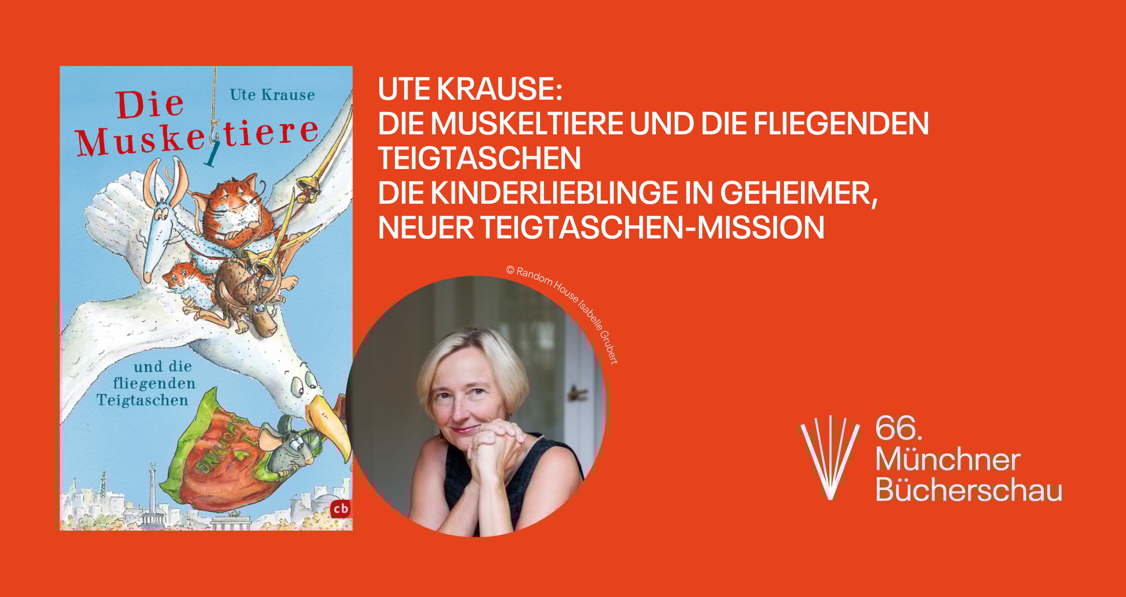 Grafik mit orangenem Hintergrund, einem Buchcover und dem Foto einer Person.