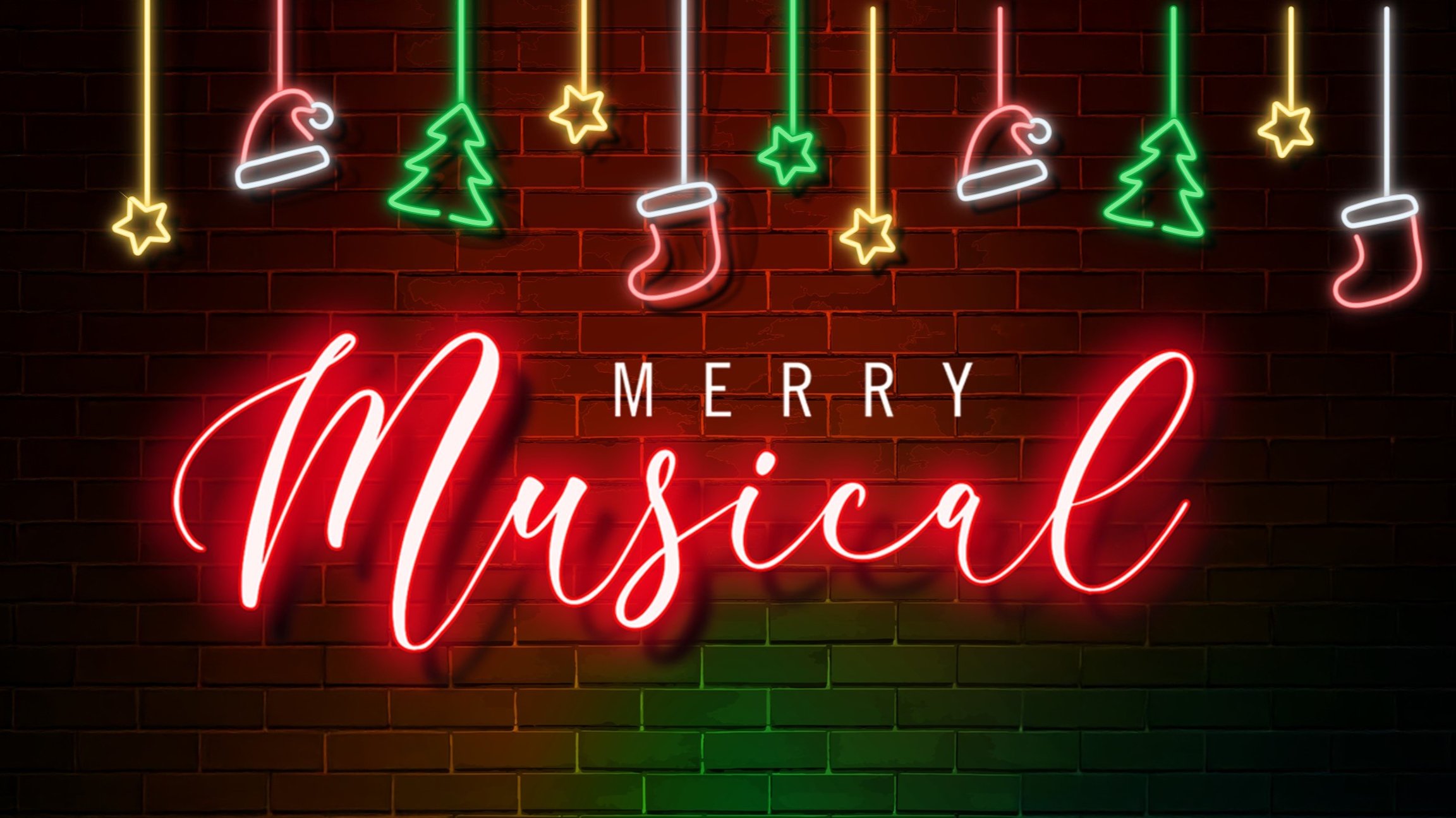 Eine Grafik mit "Merry Musical" als Leuchtreklame und weihnachtliche Dekoration vor einer Ziegelwand