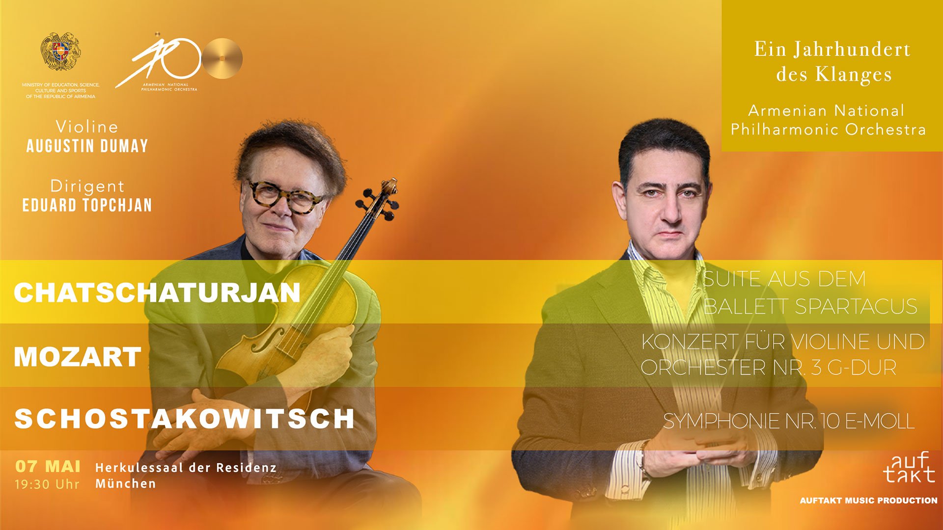 Werbeplakat zum Konzert mit der Armenian National Philharmonic Orchestra, mit Violinist Augustin Dumay und Dirigent Eduard Topchjan, Programm mit Werken von Mozart, Schostakowitsch und Chatschaturjan im Herkulessaal der Residenz München.