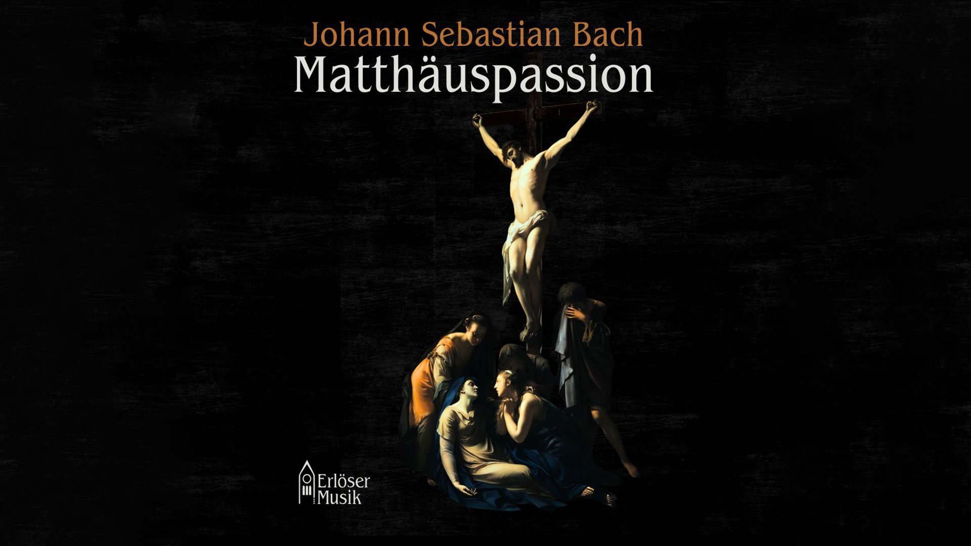 Foto für die Veranstaltung „Passionskonzert“ mit Jesus Christus am Kreuz, weißer und orangefarbener Typografie auf schwarzem Hintergrund.