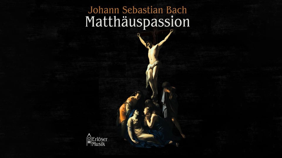 Foto für die Veranstaltung „Passionskonzert“ mit Jesus Christus am Kreuz, weißer und orangefarbener Typografie auf schwarzem Hintergrund.