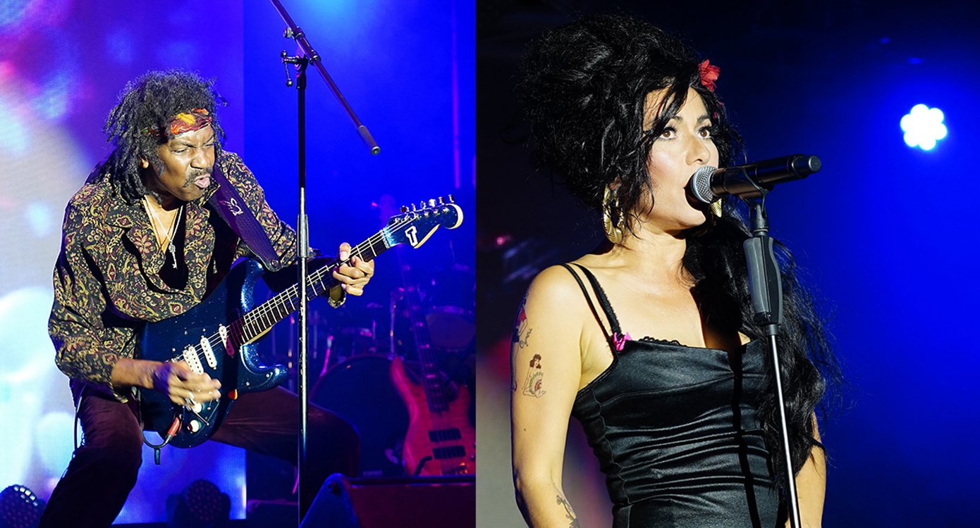 foto links von jemandem, der als „jimi hendrix“ und rechts als „amy winehouse“ verkleidet ist