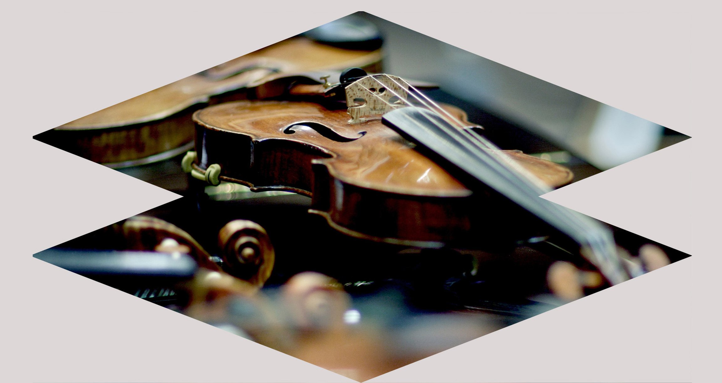 Grafik mit hellroas Hintergrund und Foto Violine