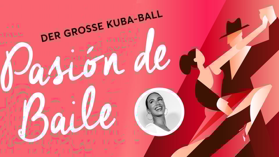 Grafik eines Tannzpaares in rot mit Bild einer Dame und schwarzer und weißer Aufschrift