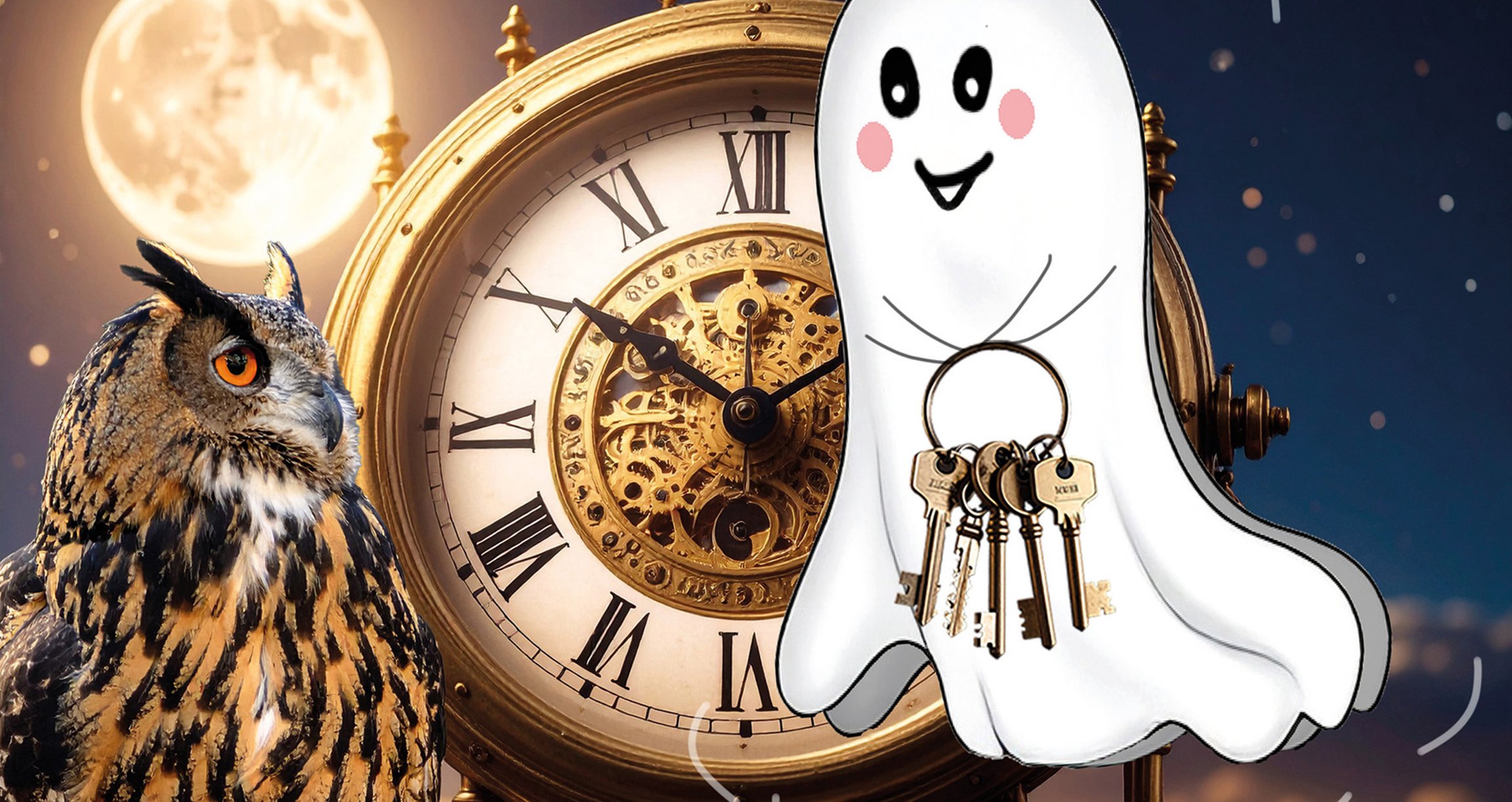 Collage bestehend aus einer Eule, einem Geist mit Schlüsseln, einer goldenen Uhr und einem strahlenden Mond im Hintergrund