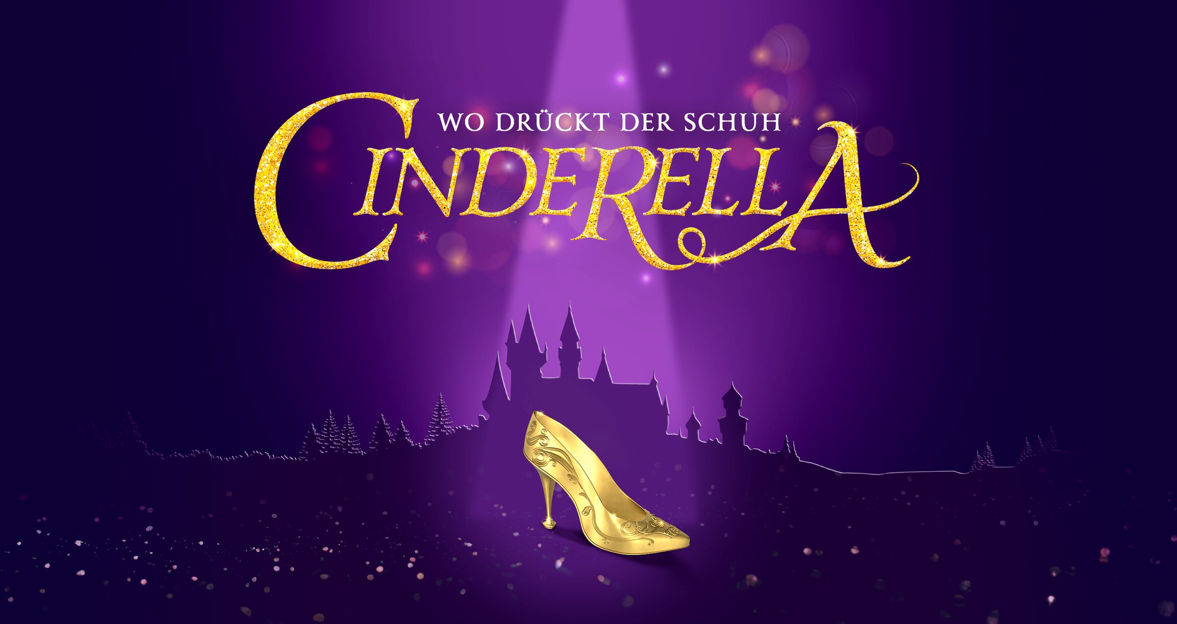Grafik in Lila mit Silhouette eines Schlosses und einem goldenen Schuh im Vordergrund mit Aufschrift