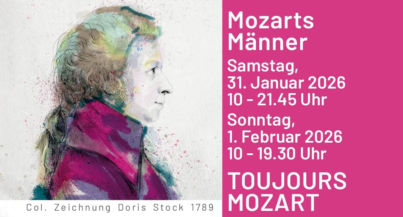 Veranstaltungsplakat, auf der einen Seite eine Zeichnung von Mozart, auf der anderen ein rosa Hintergrund mit weißer Typografie