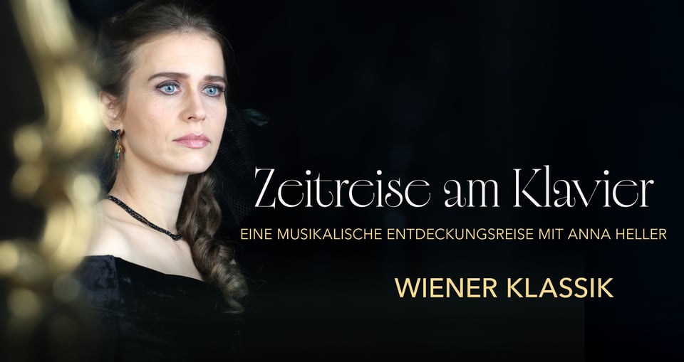 Grafik mit Foro von Dame und Konzertankündiung auf schwarzem Hintergrund