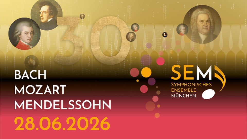 Flyer/Visual für das 30-jährige Jubiläum des Symphonischen Ensemble München mit Bach, Mozart und Mendelssohn, in elegantem gold-rotem Design im Stil eines klassischen Sinfoniekonzerts.