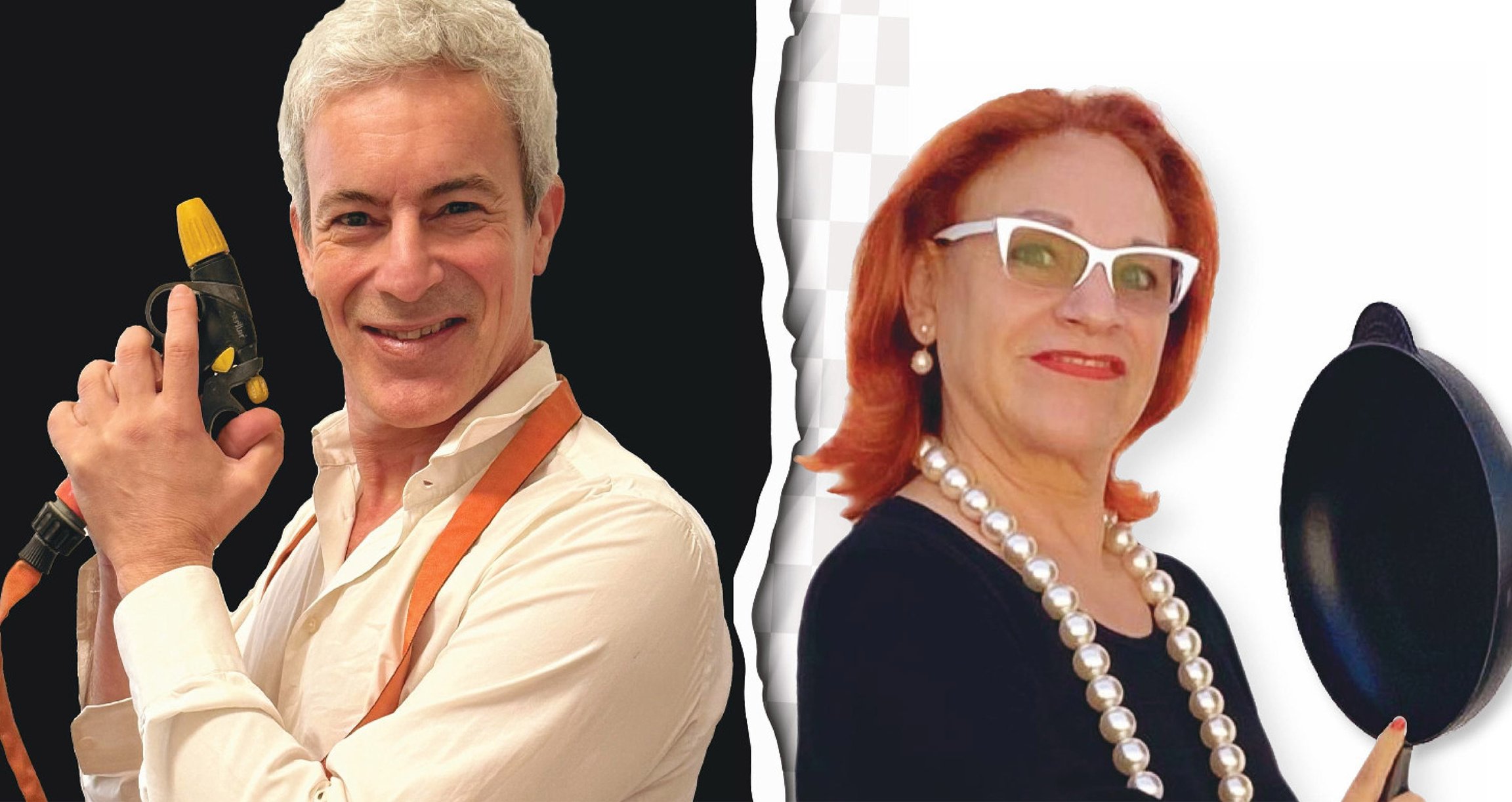 Foto von einem Mann und einer Frau – sie vor weißem, er vor schwarzem Hintergrund.