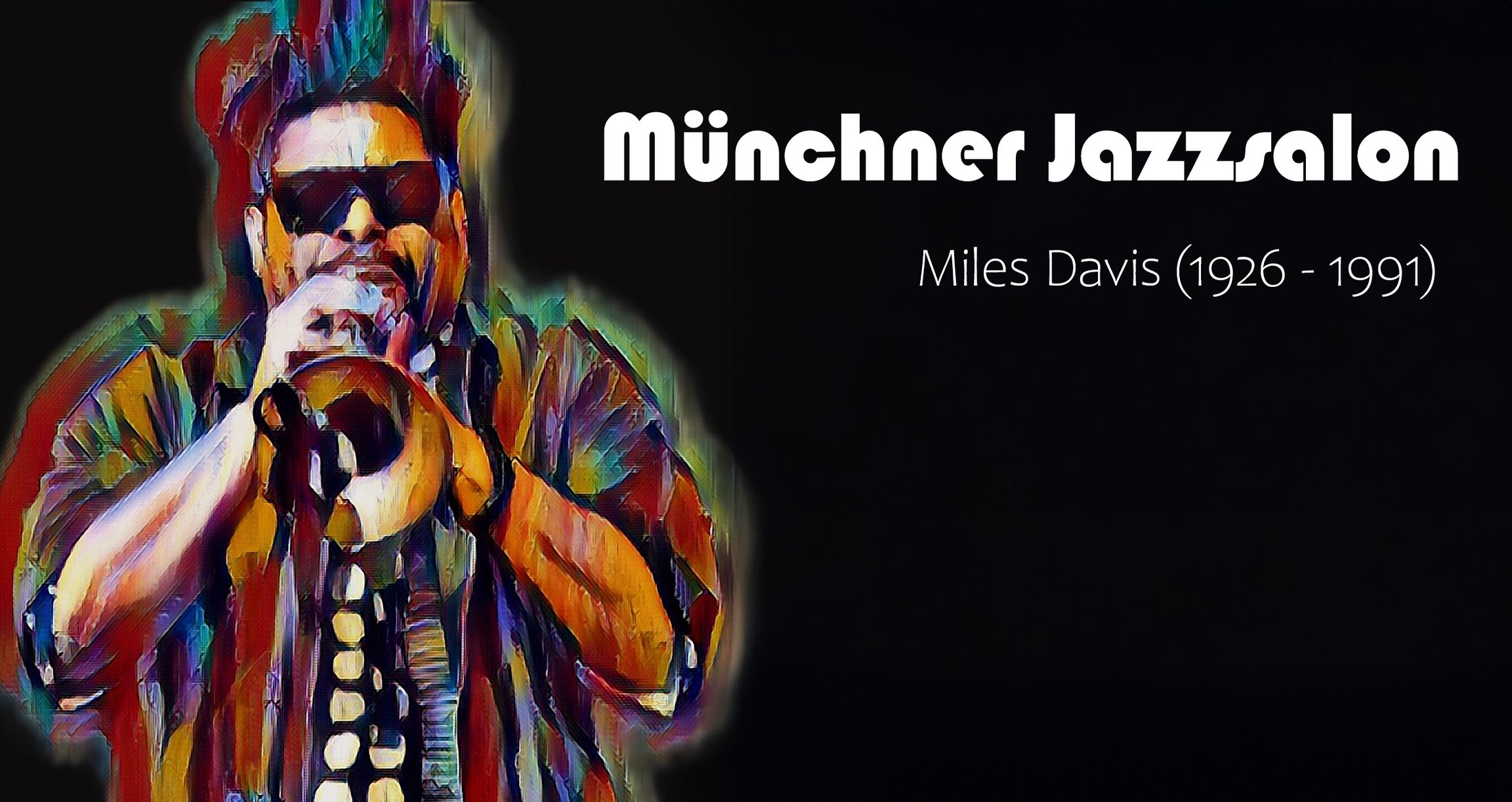 Plakat mit Grafik von Miles Davis auf schwarzem Hintergrund und Aufschrift