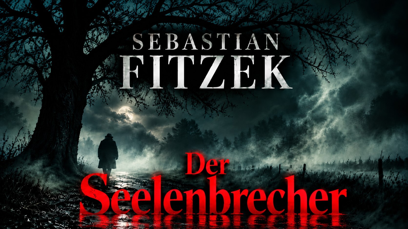 Plakatmotiv mit den Aufschriften Sebastian Fitzek und Der Seelenbrecher. Zu sehen ist eine dunkle Waldlandschaft bei Nacht mit Nebel, einem großen kahlen Baum, einer einzelnen Person auf einem Weg und einem hellen Mond im Hintergrund.
