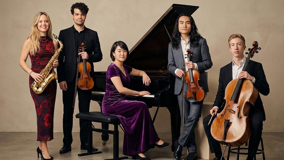 Fünf Musikerinnen und Musiker posieren in eleganter Konzertkleidung vor einem Flügel: eine Saxophonistin, zwei Violinisten, eine Pianistin und ein Cellist. Ensemblefoto zum Konzert mit Werken von Pärt, Klein, Krása, Schulhoff und Schostakowitsch