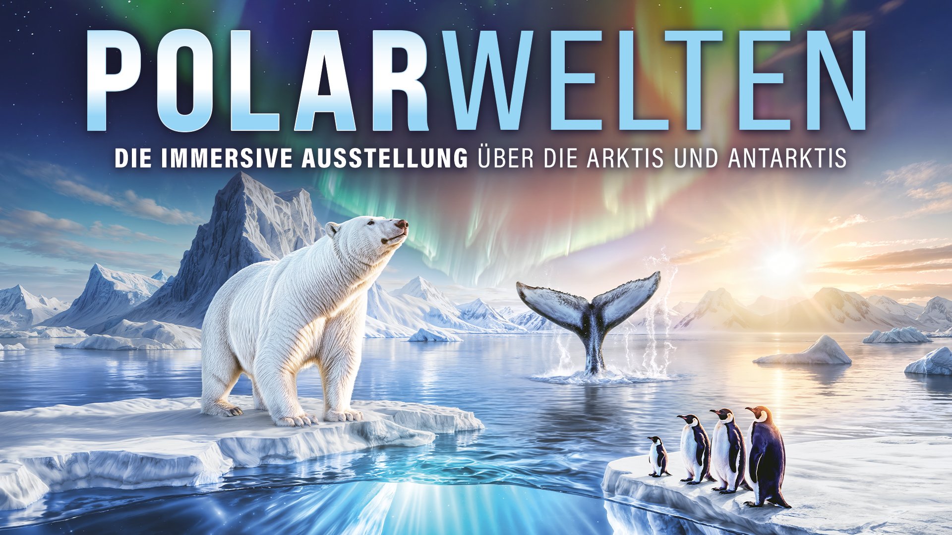 Plakat zur Ausstellung Polarwelten mit Eisbär auf einer Eisscholle, Pinguinen auf einer zweiten Eisscholle und einer aus dem Wasser ragenden Walflosse. Eisberge, Polarlandschaft und farbiges Polarlicht erstrecken sich über den Himmel. Auf dem Bild stehen die Aufschriften POLARWELTEN und Die immersive Ausstellung über die Arktis und Antarktis.