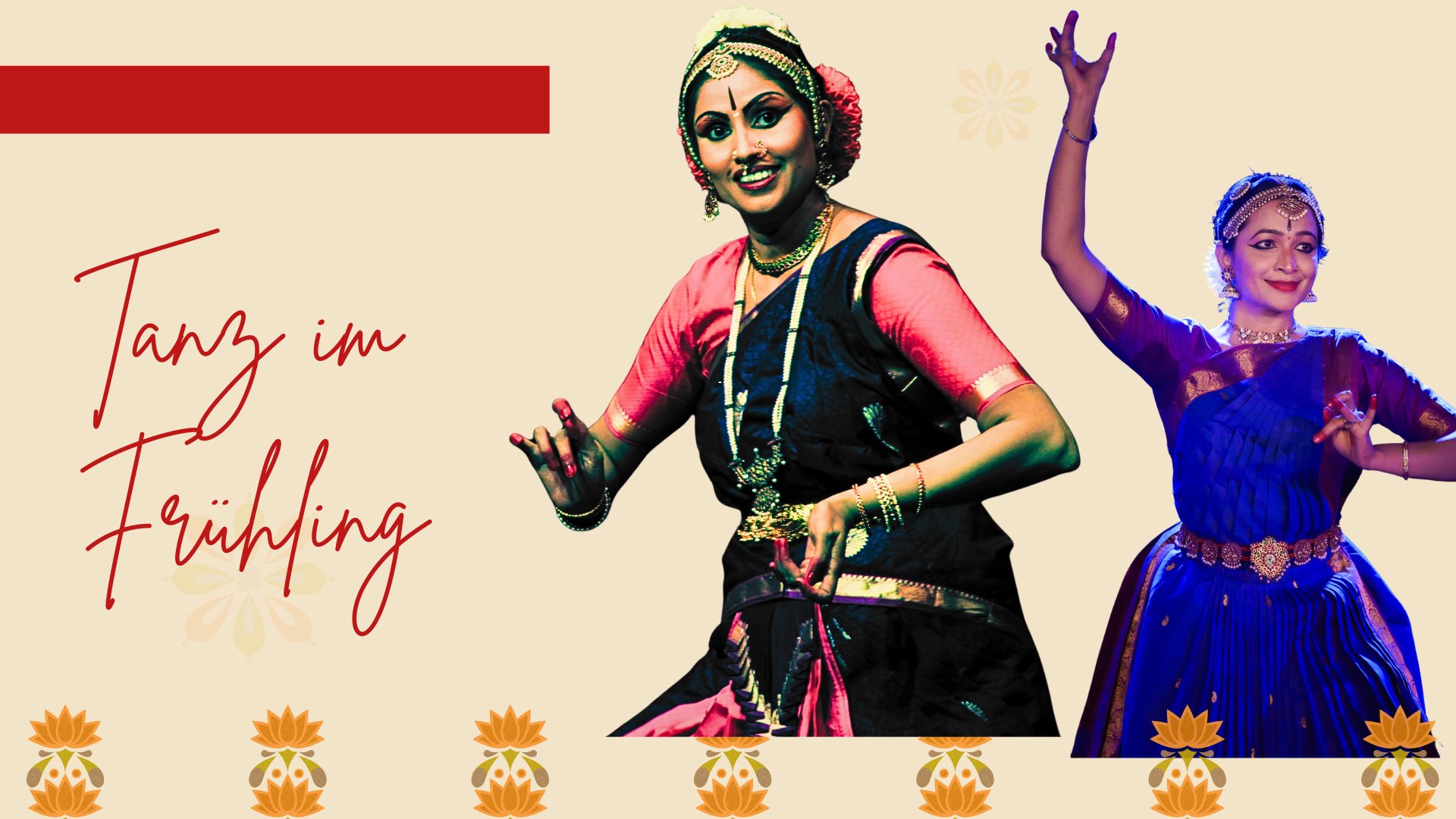 Zwei tanzende Personen in farbigen traditionellen Kostümen vor hellem Hintergrund mit dem Schriftzug Tanz im Frühling und Ornamenten
