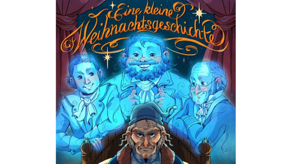 Plakat Eine kleine Weihnachtsgeschichte mit einer grimmigen Figur im Vordergrund vor einem Bett, dahinter drei blau leuchtende gezeichnete Figuren unter dem Titel Eine kleine Weihnachtsgeschichte, eingerahmt von roten Theatervorhängen und Sternenmotiven
