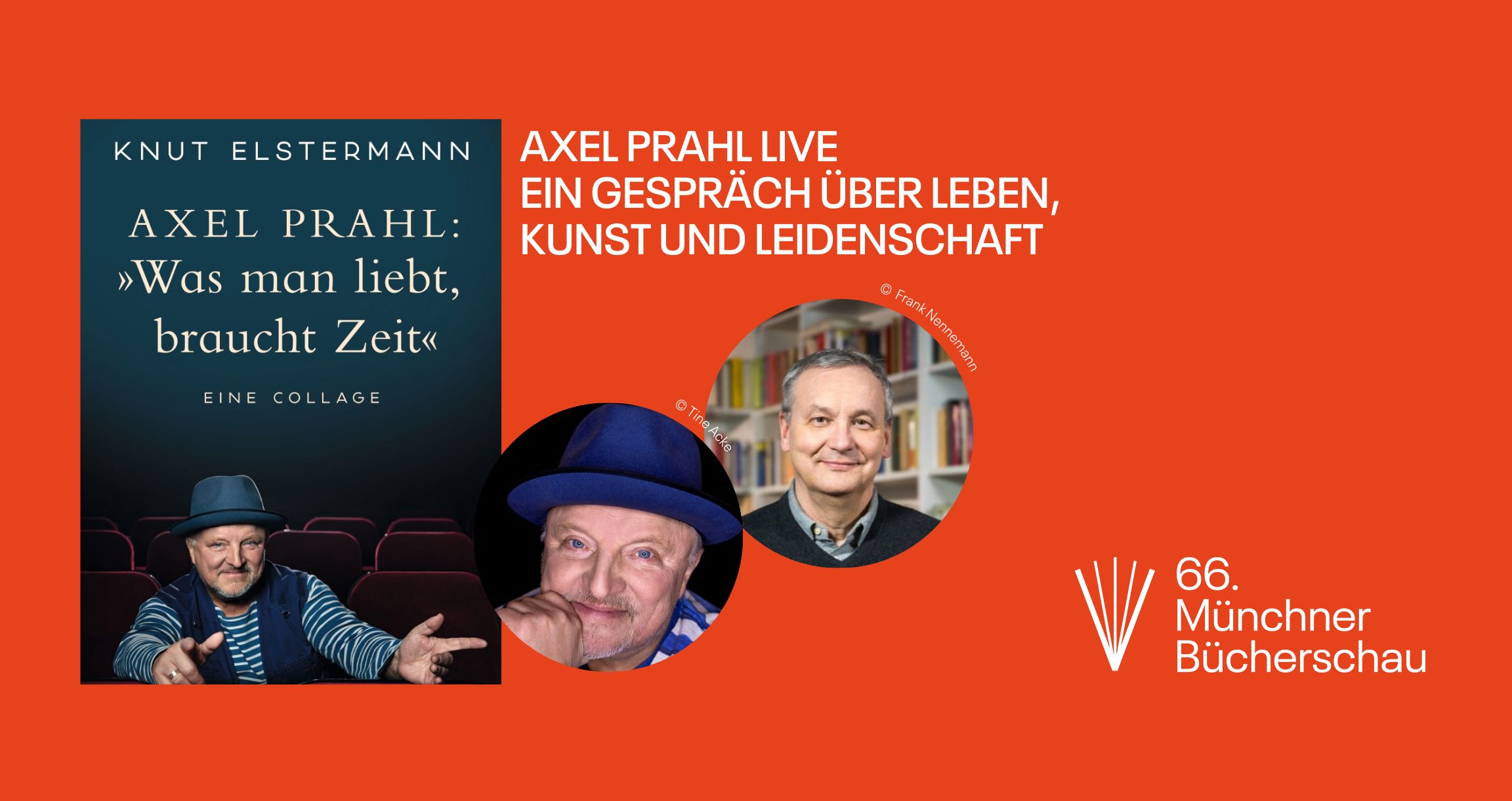 Grafik mit orangenem Hintergrund, einem Buchcover und Fotos zweier Personen