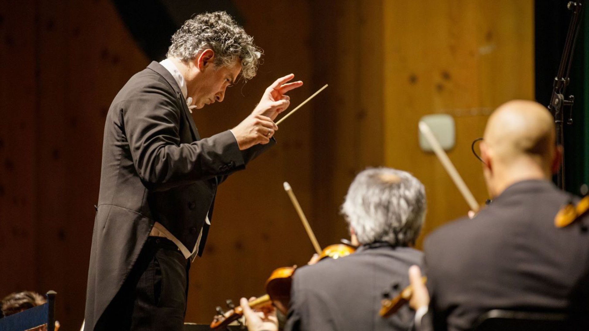 Ein Dirigent steht vor einem Orchester und führt die MusikerInnen mit einem Taktstock; im Vordergrund sind Mitglieder der Streichergruppe von hintn