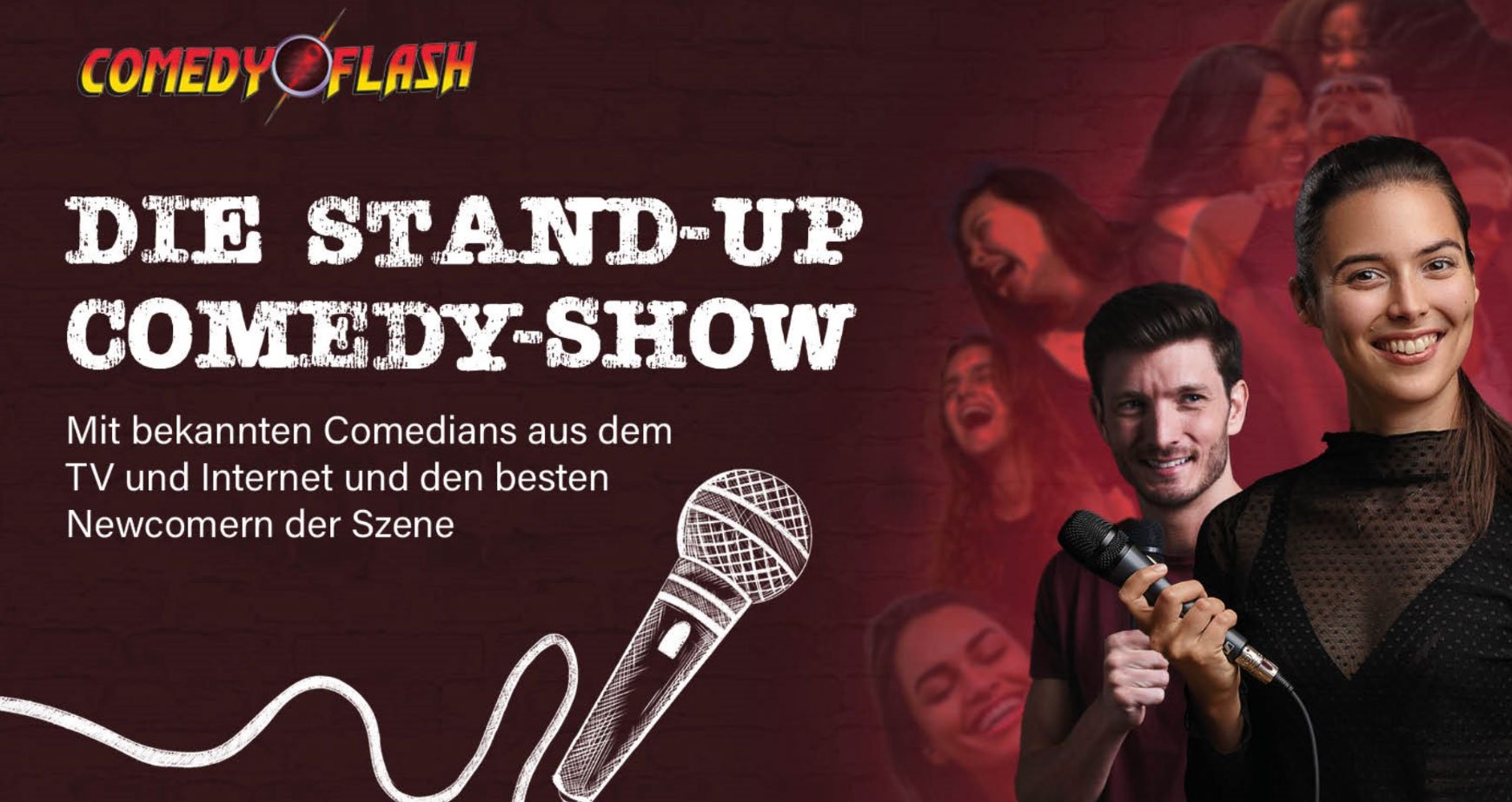 Veranstaltungsplakat mit weißer Typografie und Personen vor rotem Hintergrund