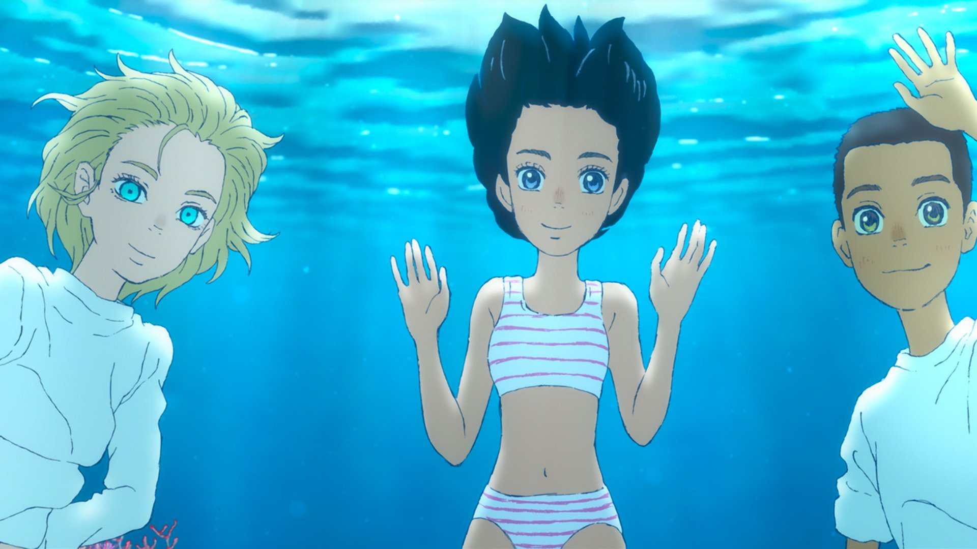 Drei Comicfiguren unter Wasser