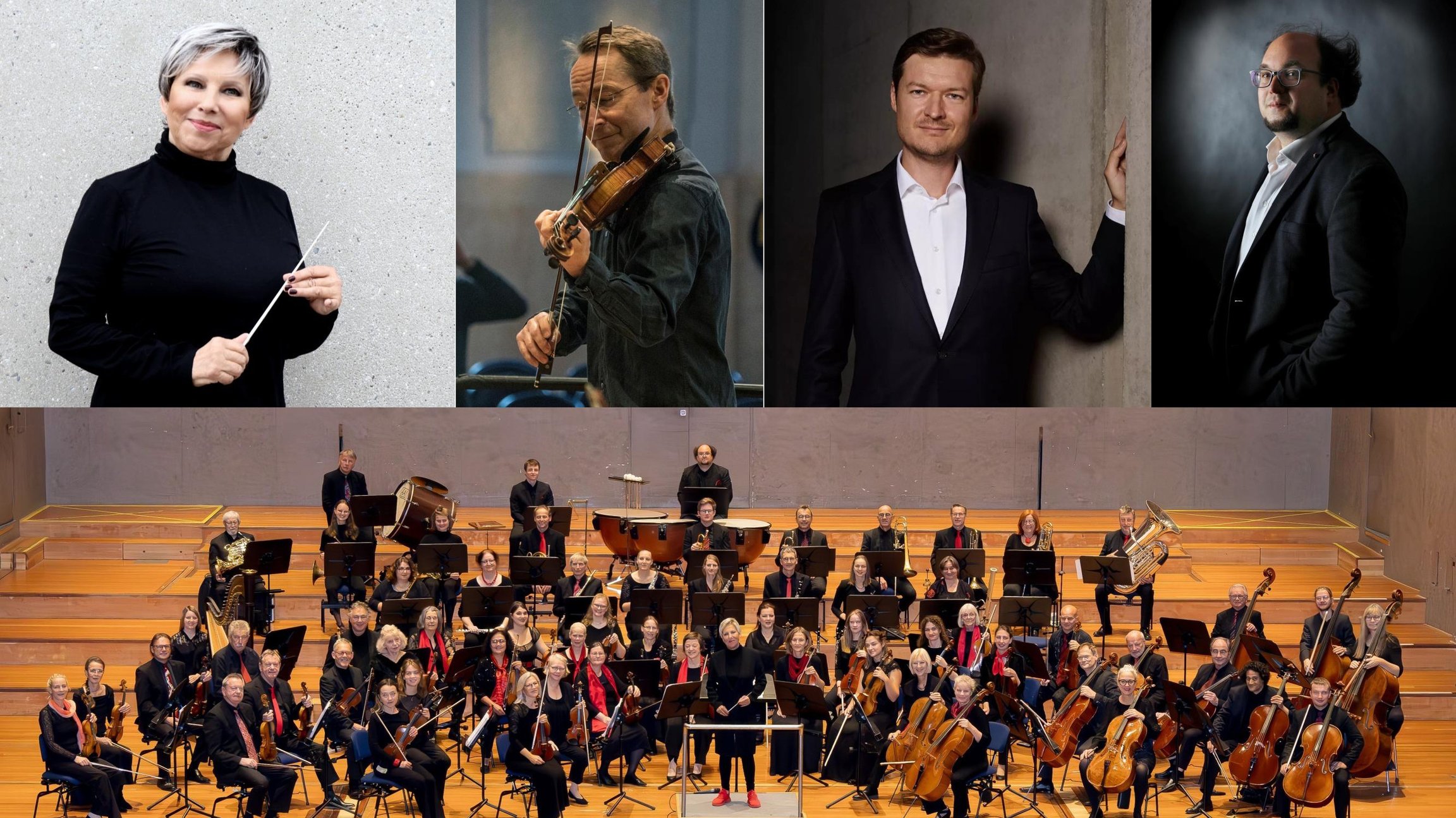 Collage aus fünf Fotos, vier der Künstler und ein Bild des gesamten Orchesterns