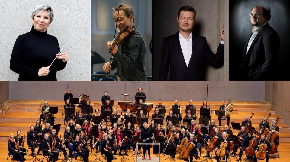 Collage aus fünf Fotos, vier der Künstler und ein Bild des gesamten Orchesterns