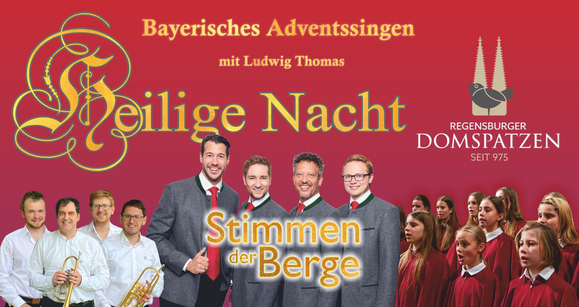 Plakat mt Collage der Regensburger Domspatzen auf rotem Hintergrund mit Konzertankündigung