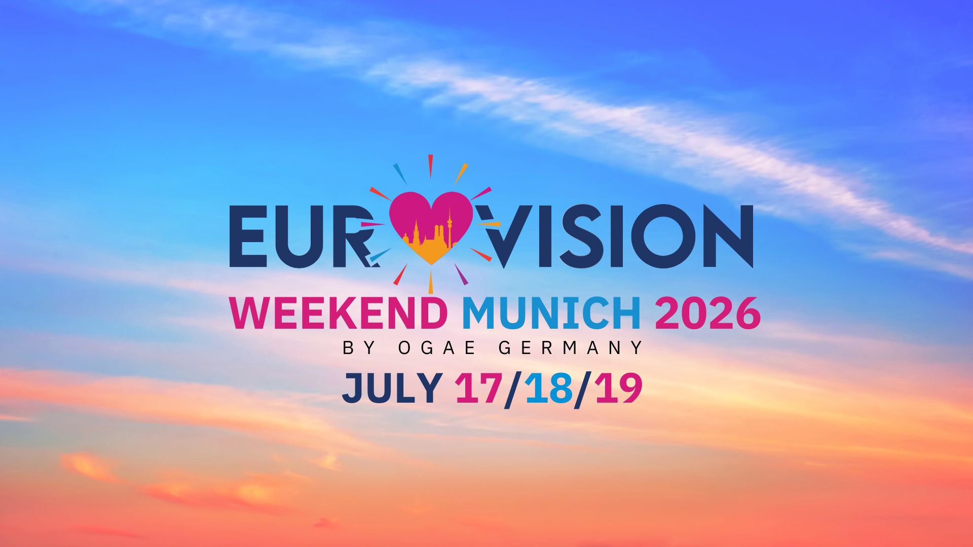 Grafik mit Farbverlauf-Himmel und Text EUROVISION Weekend Munich 2026, Herzlogo in der Mitte sowie dem Datum der Veranstaltung