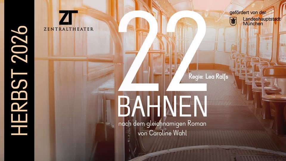 Eventfoto „22 Bahnen“ mit weißer Schrift und hellorangefarbenem Hintergrund mit Straßenbahn-Interieur.