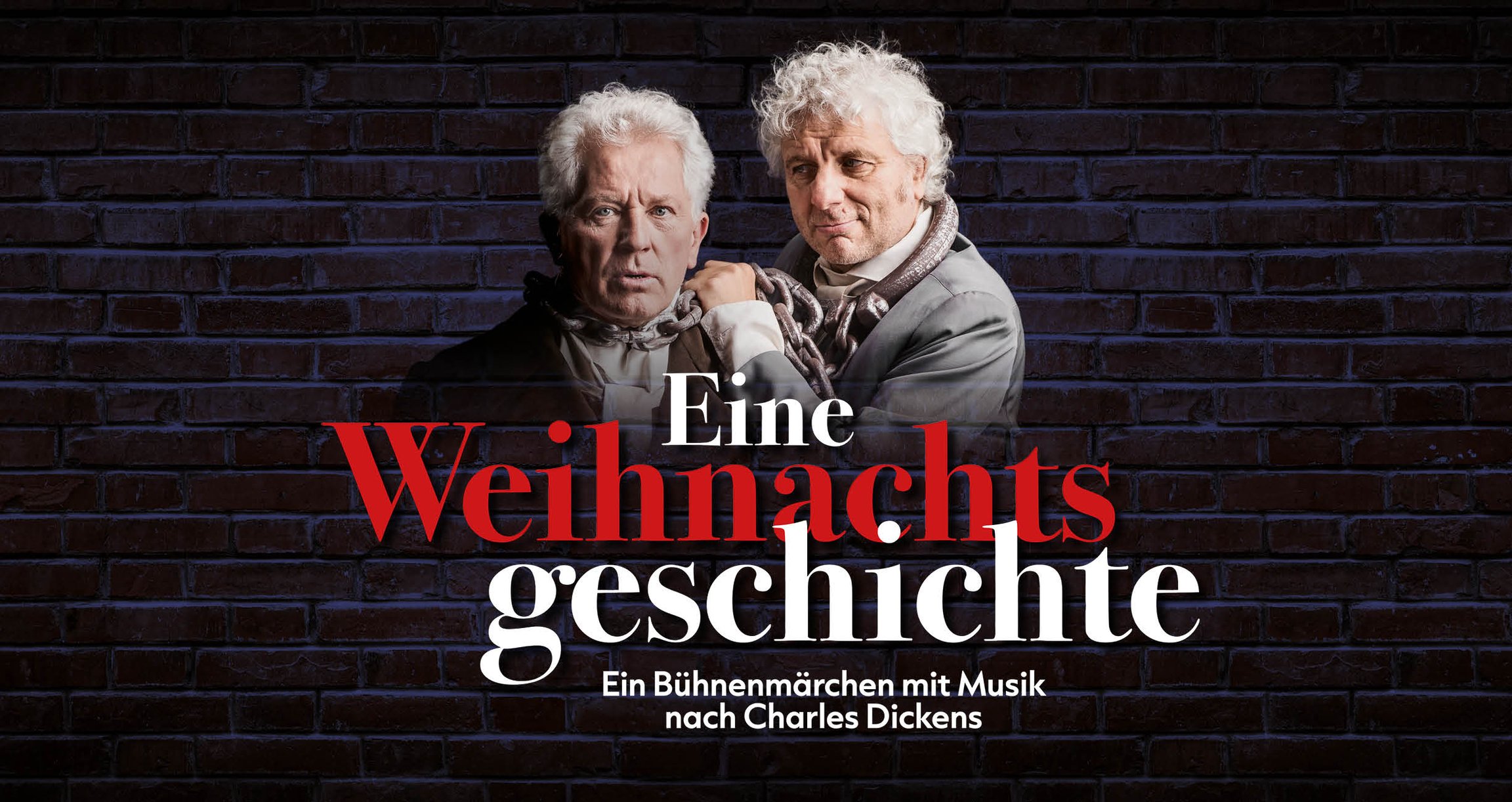 Plakat der Veranstaltung mit weißer und roter Typografie, dem Gesicht der beiden Künstler, auf einem dunklen Hintergrund aus Backsteinen