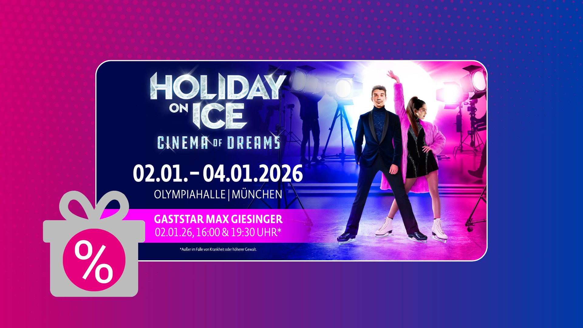 Tanzpaar in Schlittschuhen auf EIs im Scheinwerferlicht und pink-lila HIntergrund mit AUfschrift