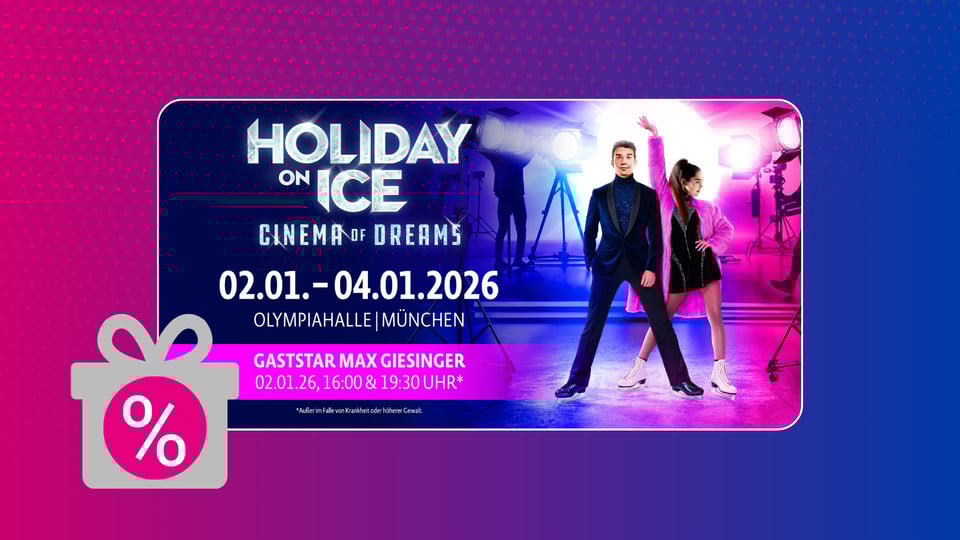 Tanzpaar in Schlittschuhen auf EIs im Scheinwerferlicht und pink-lila HIntergrund mit AUfschrift