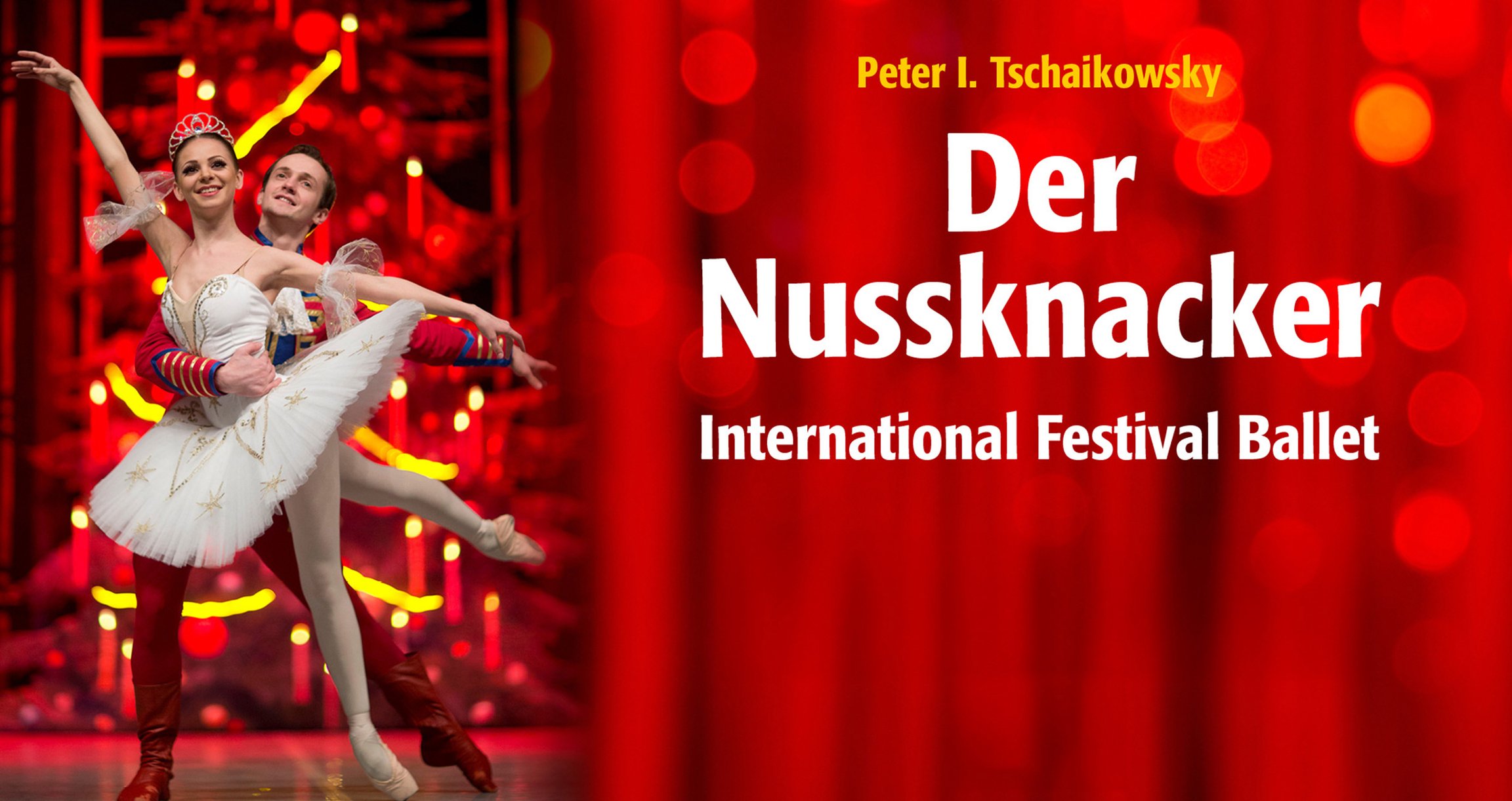 EIn Balletttänzer-Paar auf rotem Plakat mit Aufschrift