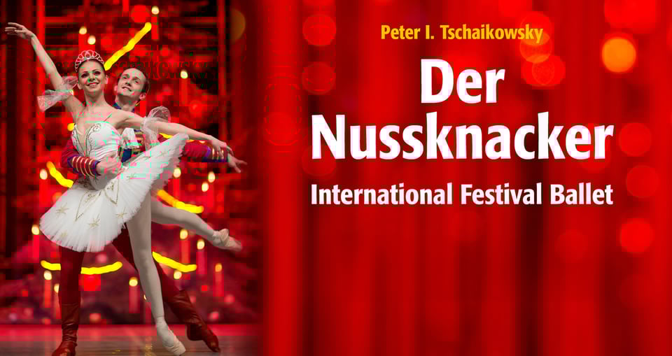 EIn Balletttänzer-Paar auf rotem Plakat mit Aufschrift