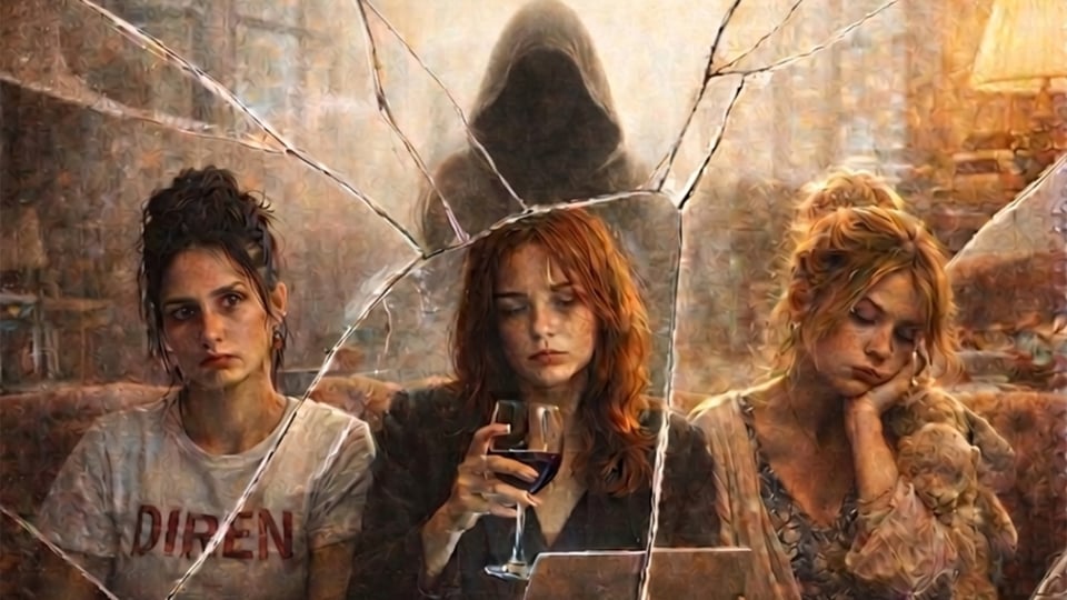 Bildmotiv zur Theaterproduktion „Kaçan Hayatlar“: Drei Personen sitzen an einem Tisch hinter einer zersplitterten Glasfläche; im Hintergrund ist eine dunkle Silhouette zu sehen.