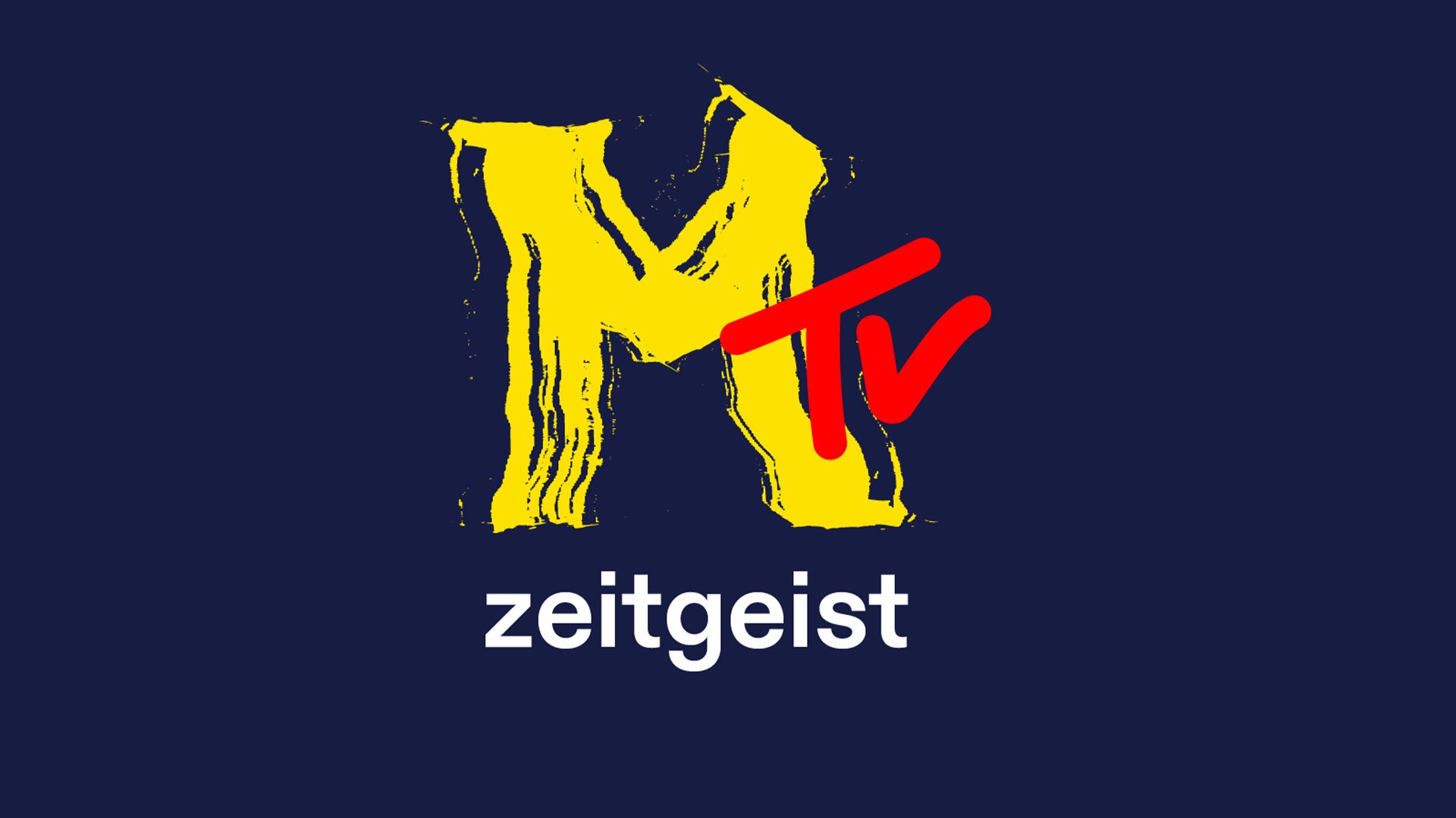 Logo MTV Zeitgeist mit gelbem, verzerrtem M und rotem TV-Schriftzug auf dunkelblauem Hintergrund, darunter der Schriftzug zeitgeist