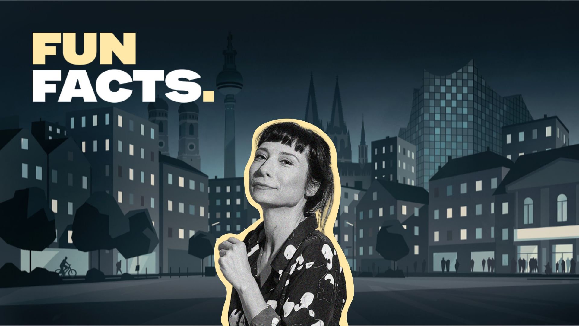 Nina Sonnenberg steht vor einer stilisierten nächtlichen Stadtillustration mit dem Schriftzug FUN FACTS links oben