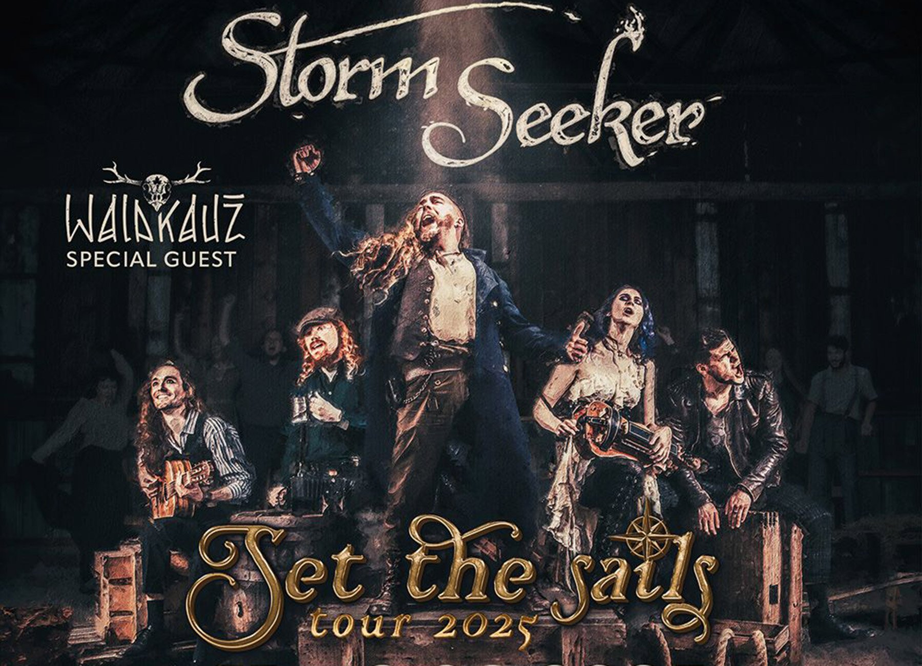 Grafik mit fünf Personen auf Holzkisten musizierend mit Bandlogo und Aufschrift