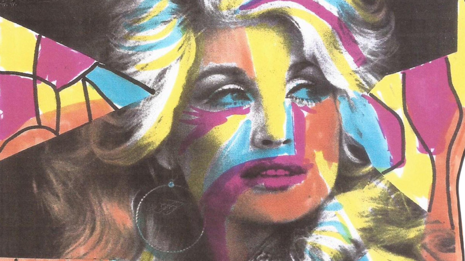 Porträtmotiv im Pop-Art-Stil mit dem Gesicht von Dolly Parton, überlagert von geometrischen Farbflächen in Pink, Gelb, Türkis und Orange, vor abstraktem Hintergrund mit schwarzen Konturen und bunten Formen.