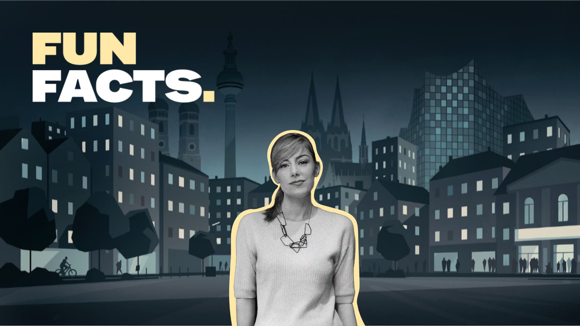 Eva Schulz steht vor einer stilisierten nächtlichen Stadtillustration mit dem Schriftzug FUN FACTS links oben