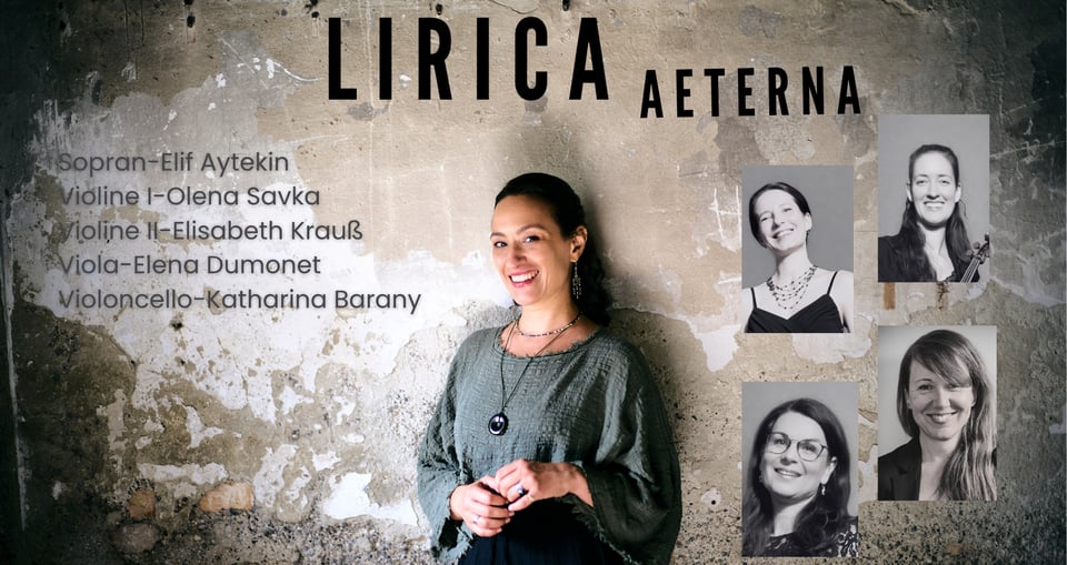 La Serenata mit Lirica Aeterna – Collage mit einer Frau und Gesichtsausschnitten anderer Frauen vor künstlerischem Hintergrund