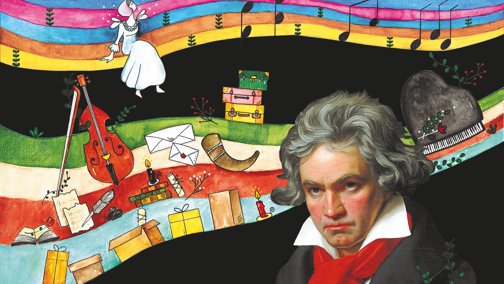 Bunte Illustration mit einem Beethoven-Porträt vor schwarzem Hintergrund. Farbige Wellen in Pink, Blau, Gelb, Orange und Grün umrahmen Noten, Musikinstrumente, Bücher, Briefe, Geschenke und weitere verspielte Elemente.