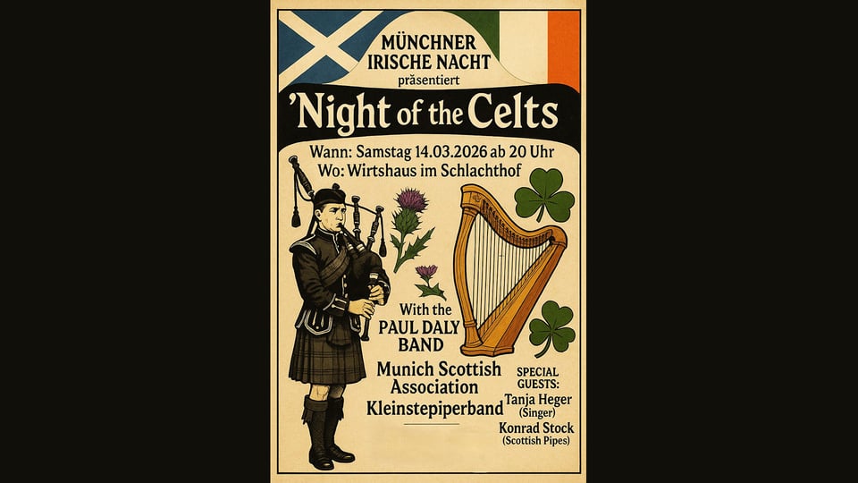 Das Veranstaltungsplakat mit verschiedenen Elementen im Bild, wie Typografien, einer Harfe und einem Schotten, der das traditionelle Instrument spielt – alles vor einem gelben Hintergrund